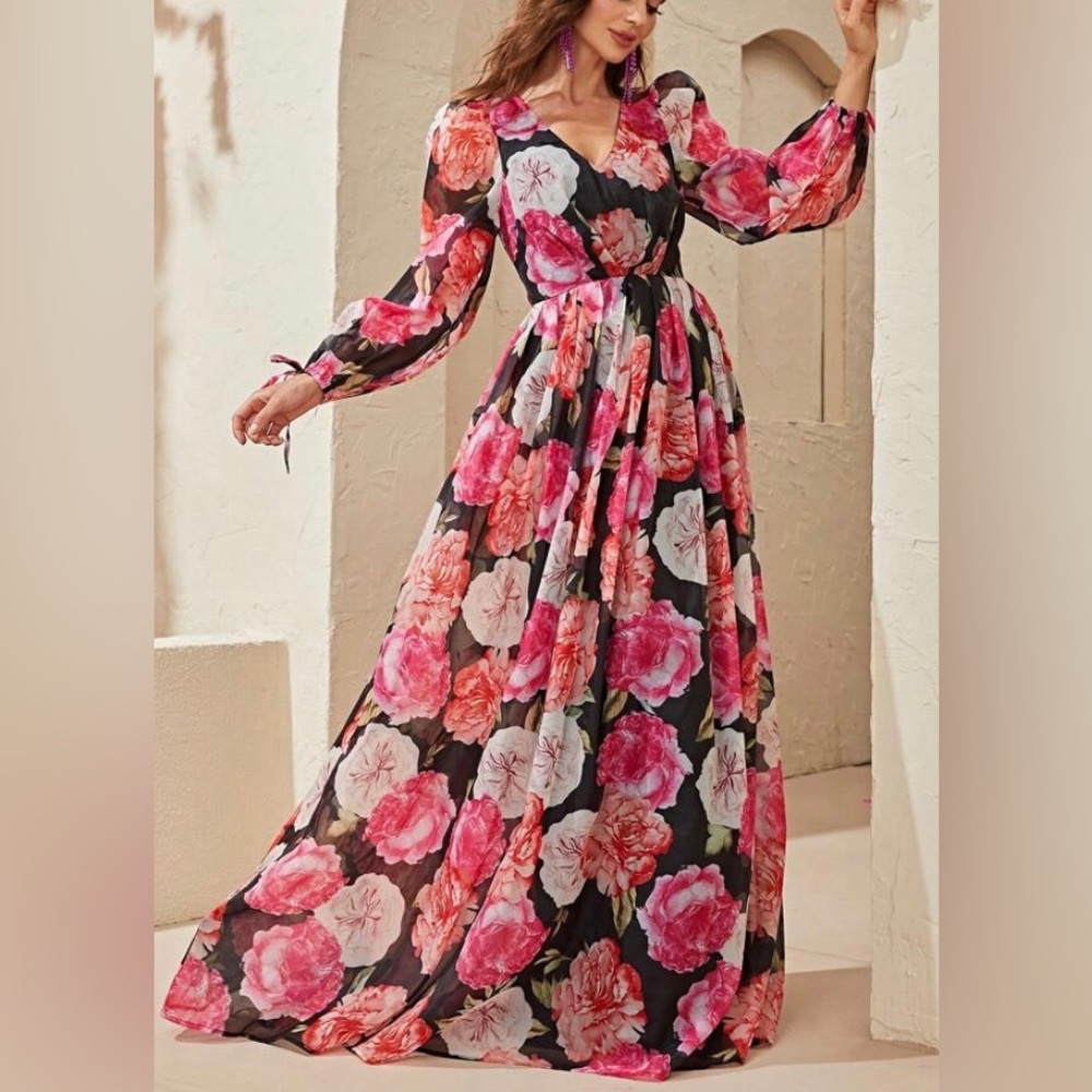 Giffniseti Floral Print Lantern
Sleeve Maxi Dress size large